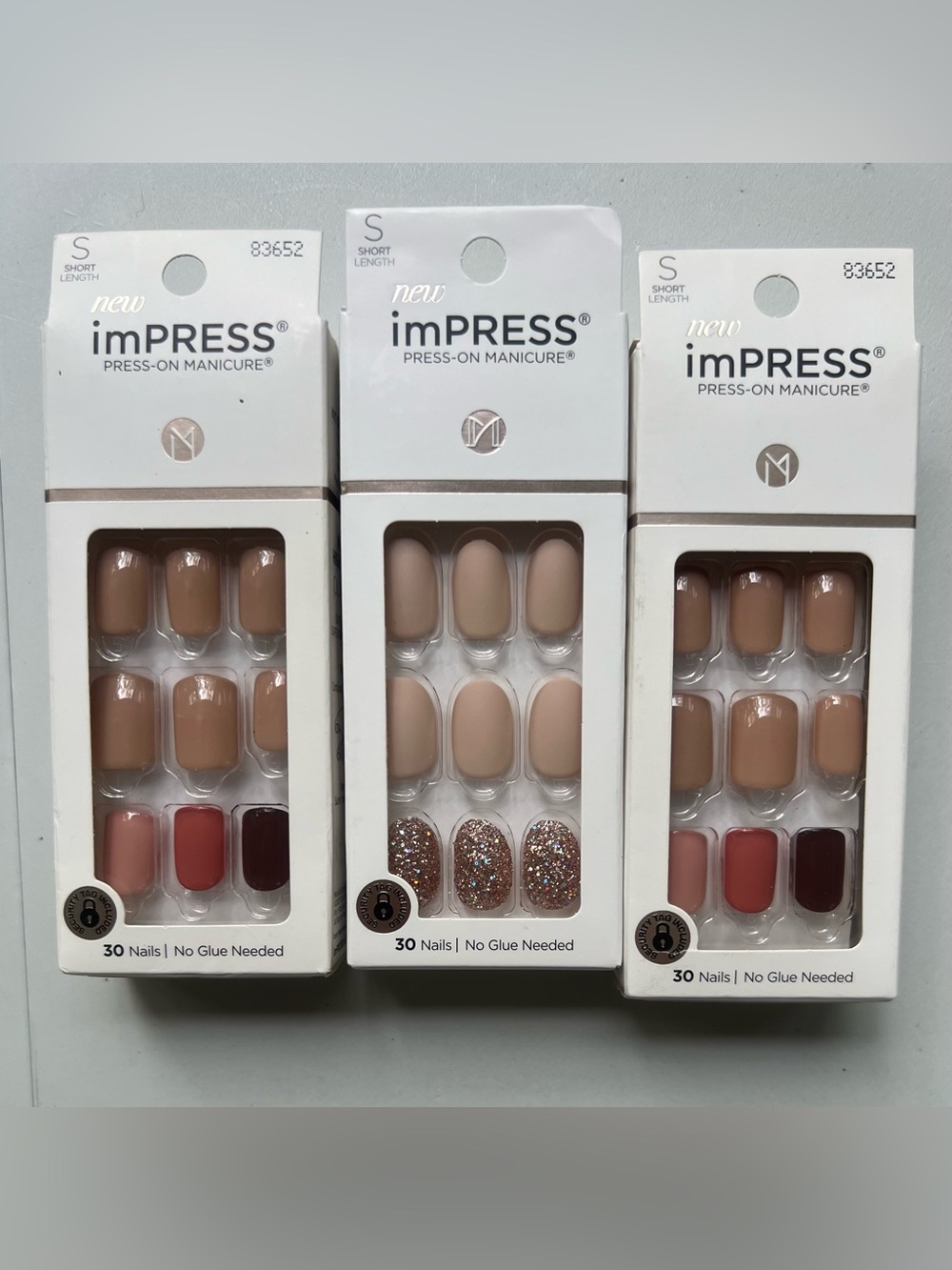 Pack of 3 boxes, imPRESS Neutral & Nude Press-On Nail Set with Glitter Accent
